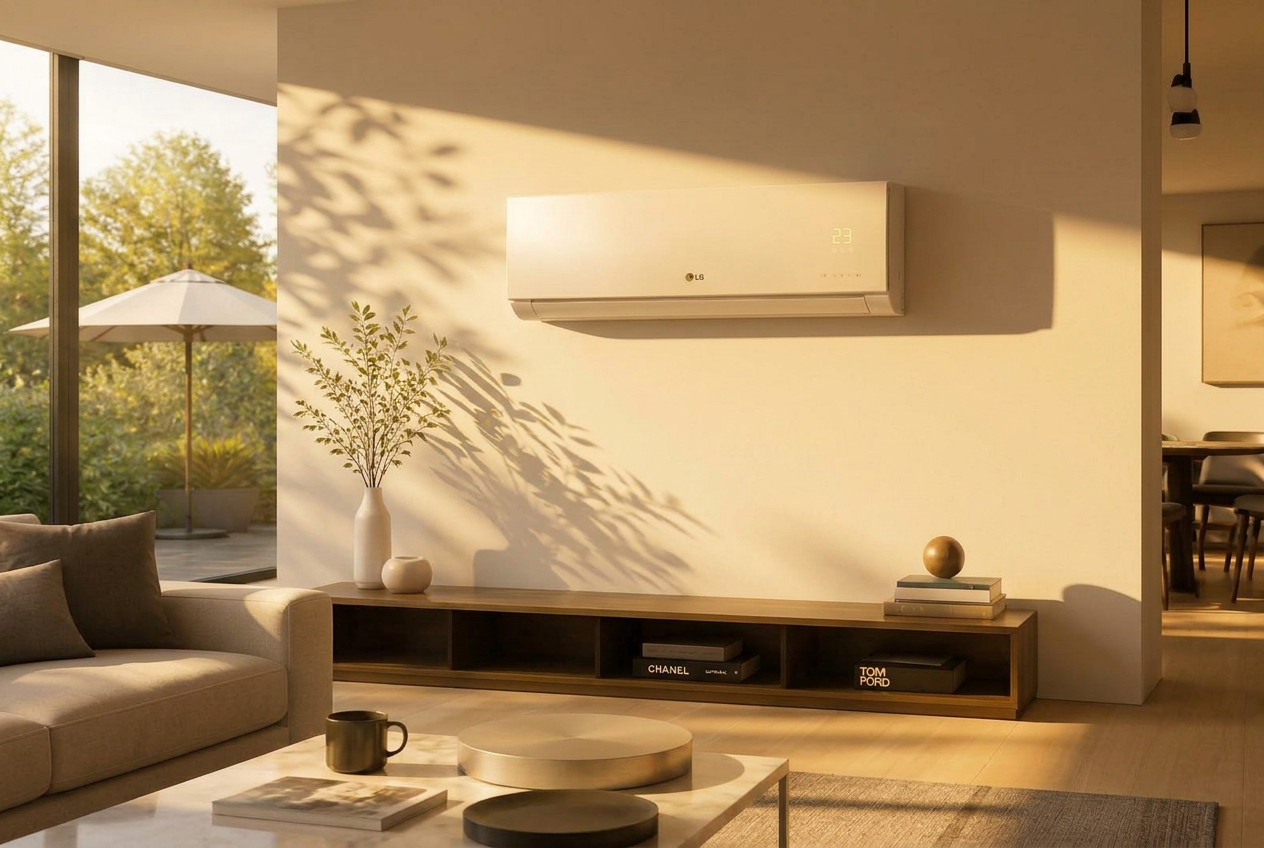 LG dual binnenunit in moderne woonkamer